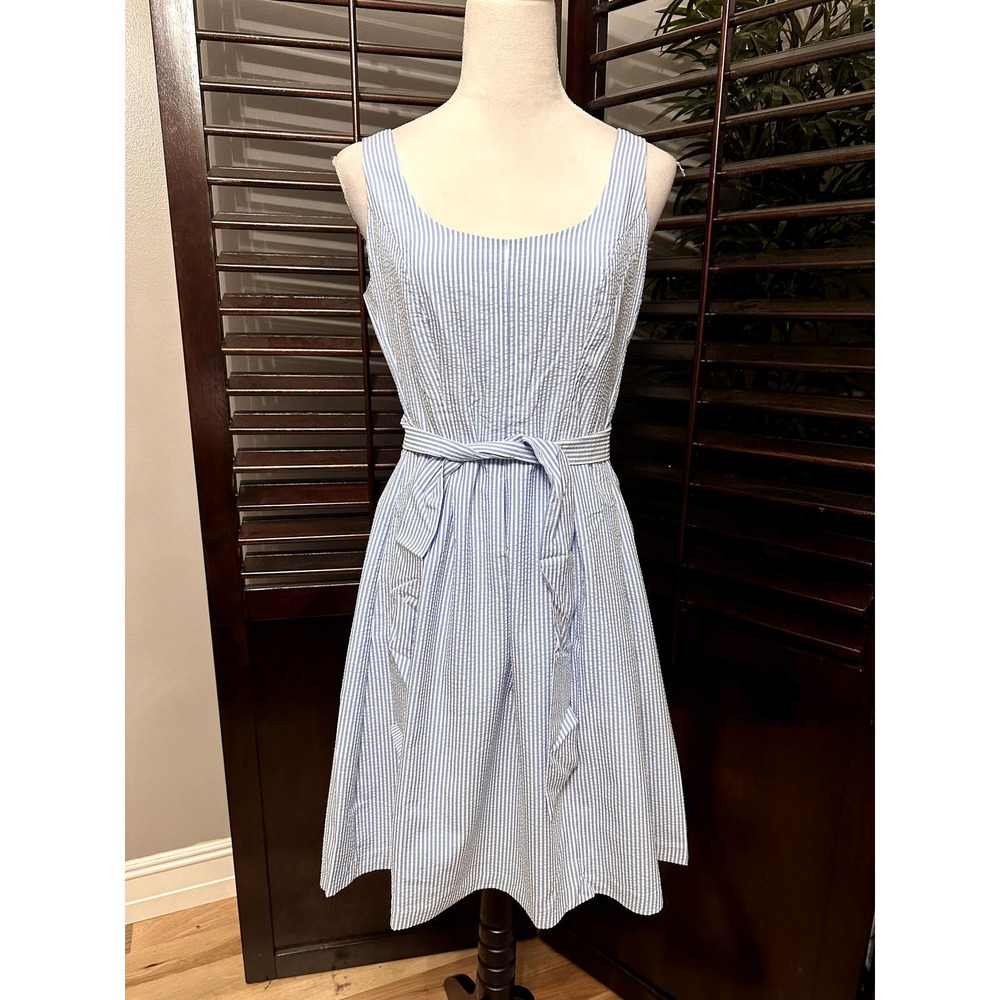 Anne Klein Blue/White Seersucker Sleeveless Fit & Flair Dress 2 NWT - Picture 2 of 10